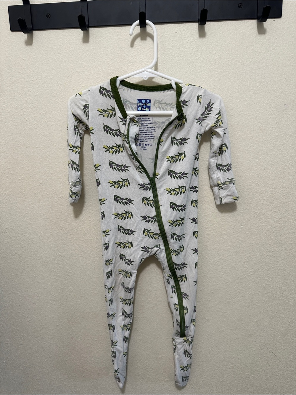 Kickee Pants White Footed One-Piece with Olive Leaf Print and Green Trim
